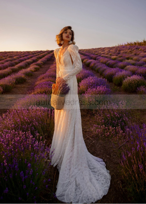 V Neck Ivory Lace Boho Wedding Dress With Removable Sleeves